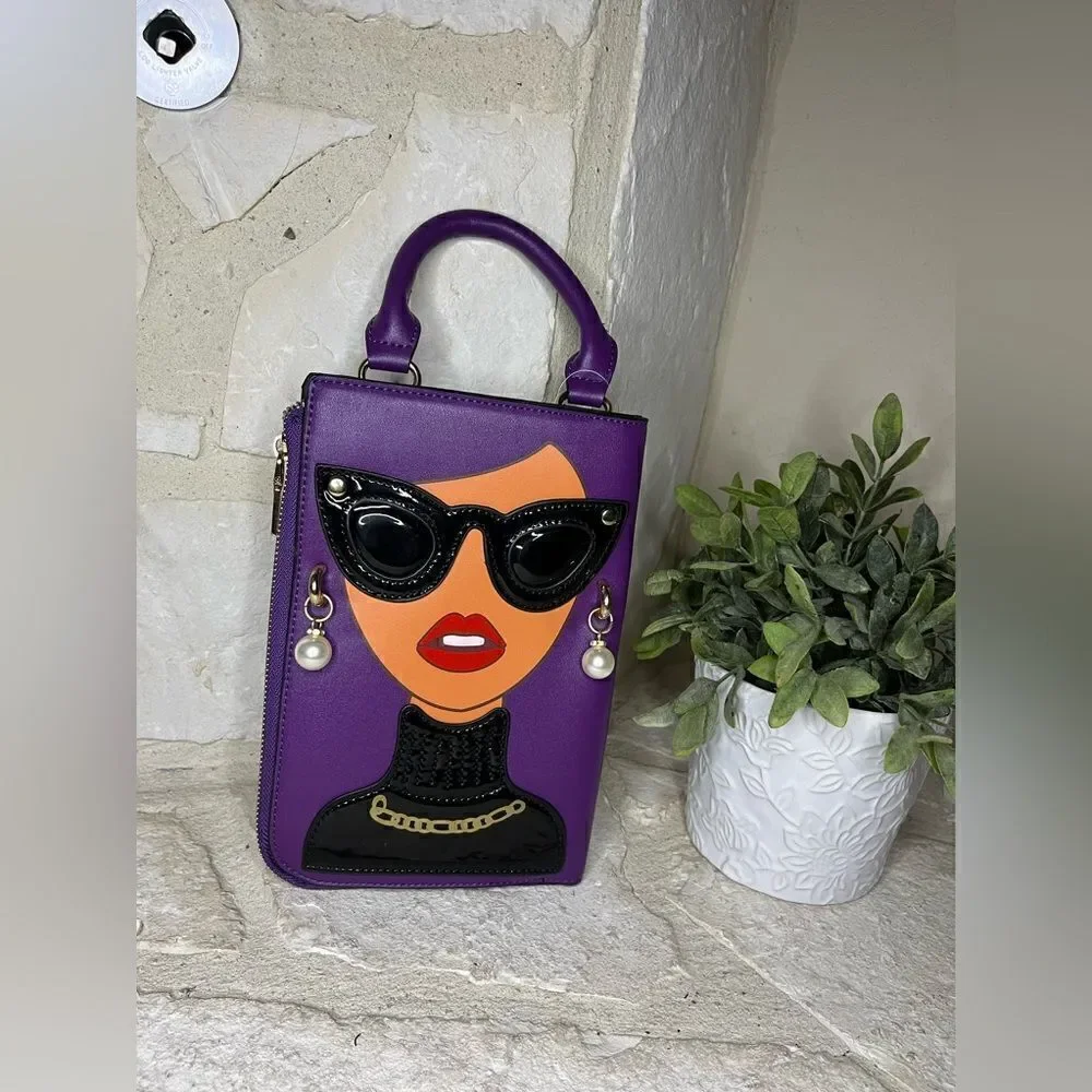 Novelty Lady Face Shoulder Bag faux Leather Messenger Travel Handbag (Purple)